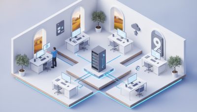 Ufficio aziendale con postazioni informatiche ordinate e supporto IT pianificato