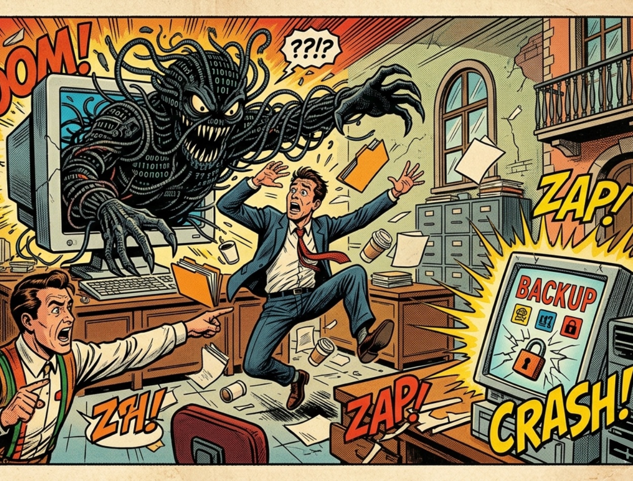 Illustrazione vintage cyber di un backup aziendale che sembra attivo ma non è recuperabile durante un’emergenza