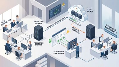 Illustrazione isometrica di backup aziendale con verifica di ripristino dati e ufficio operativo