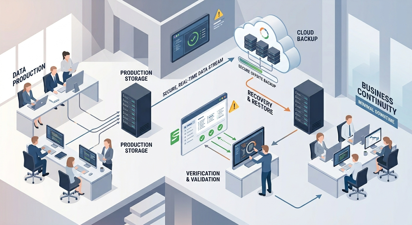 Illustrazione isometrica di backup aziendale con verifica di ripristino dati e ufficio operativo