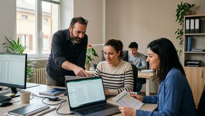 Ufficio italiano con persone che controllano documenti dopo un problema di backup