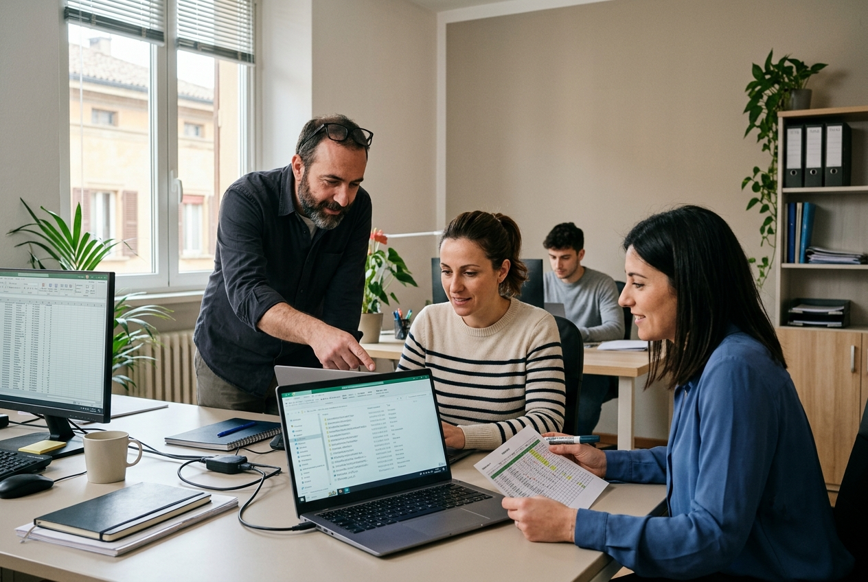 Ufficio italiano con persone che controllano documenti dopo un problema di backup