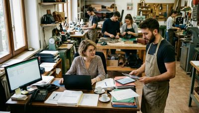 Ufficio commerciale italiano con persone che riordinano documenti digitali tra PC, email e cartelle condivise
