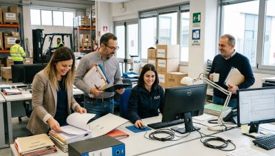 Foto realistica di azienda italiana con magazzino e ufficio che riorganizzano documenti e postazioni PC