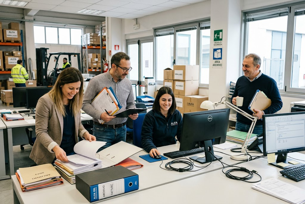 Foto realistica di azienda italiana con magazzino e ufficio che riorganizzano documenti e postazioni PC
