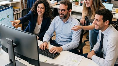 Ufficio commerciale italiano con persone al lavoro su PC e documenti digitali riorganizzati