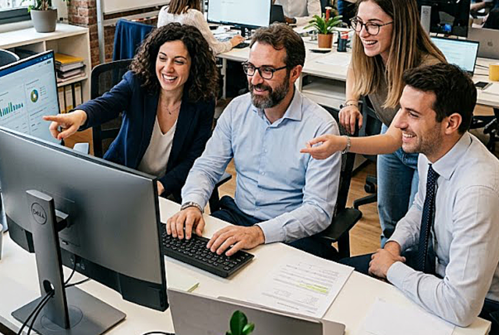 Ufficio commerciale italiano con persone al lavoro su PC e documenti digitali riorganizzati