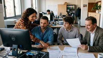 Ufficio commerciale italiano con persone che riorganizzano preventivi e documenti clienti