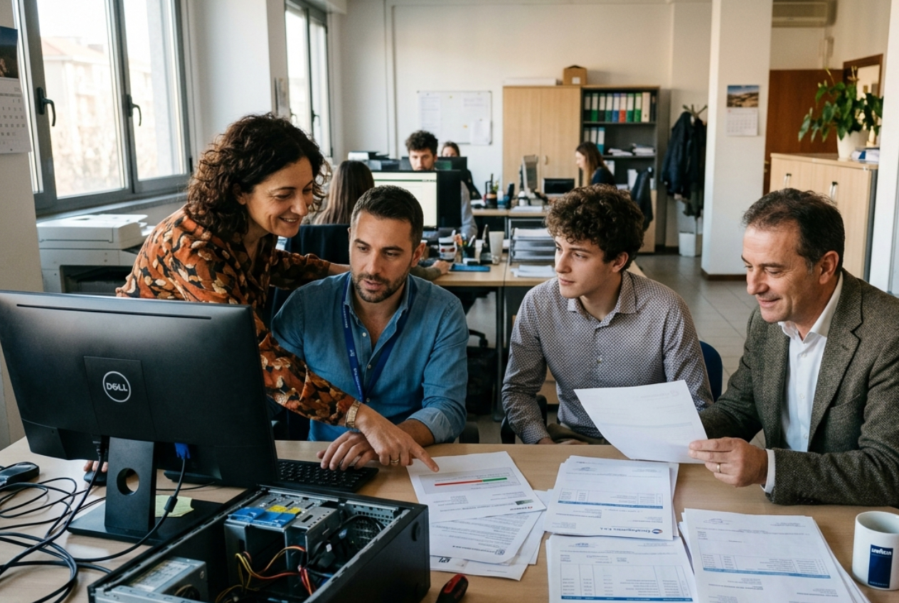 Ufficio commerciale italiano con persone che riorganizzano preventivi e documenti clienti