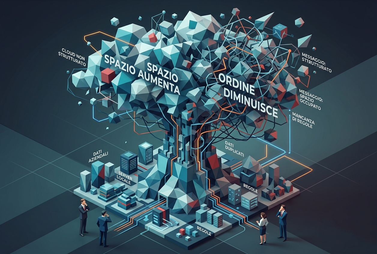 Spazio cloud aziendale ordinato con cartelle condivise, accessi e documenti protetti