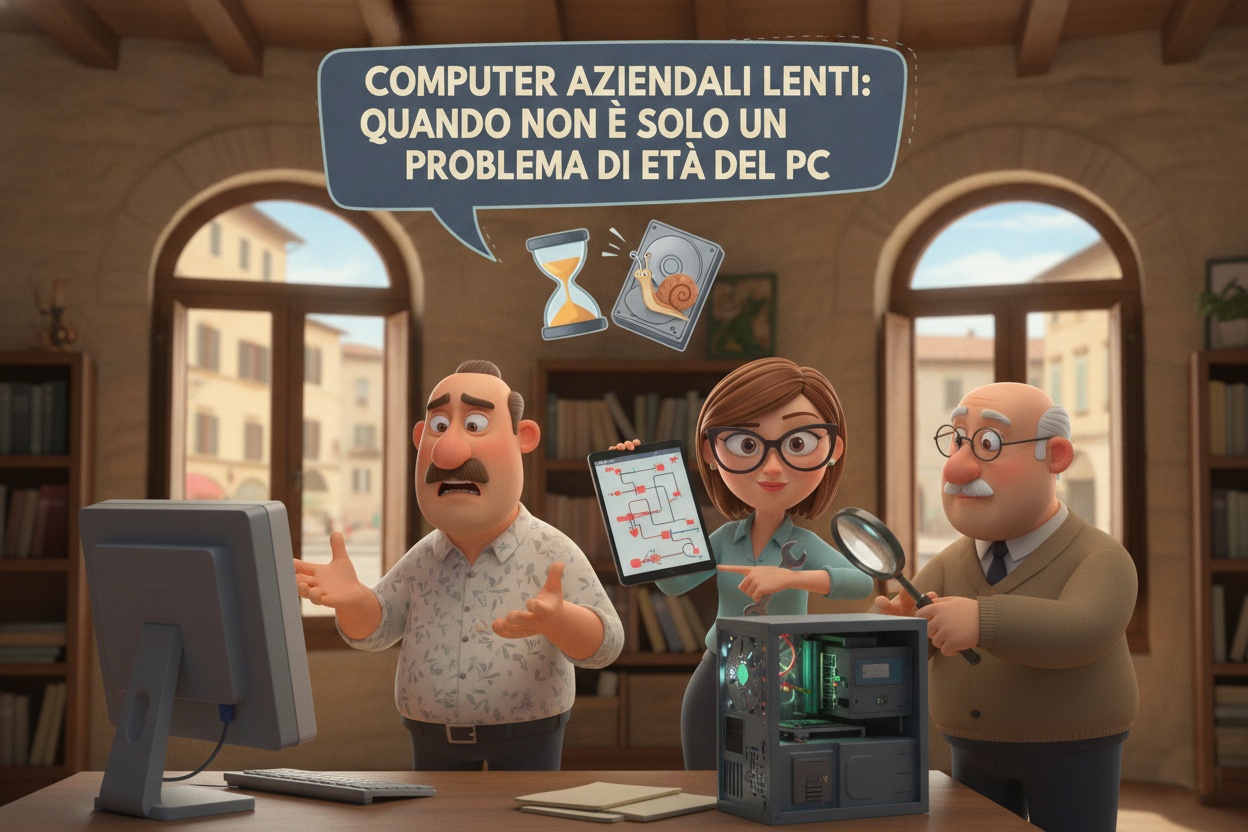 computer aziendale lento in ufficio con dipendenti che attendono davanti allo schermo