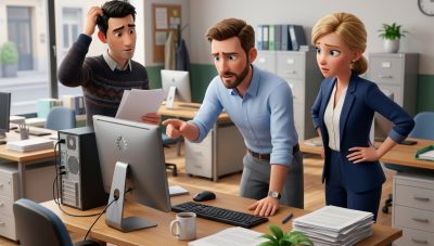 Ufficio aziendale con computer datato che rallenta il lavoro quotidiano