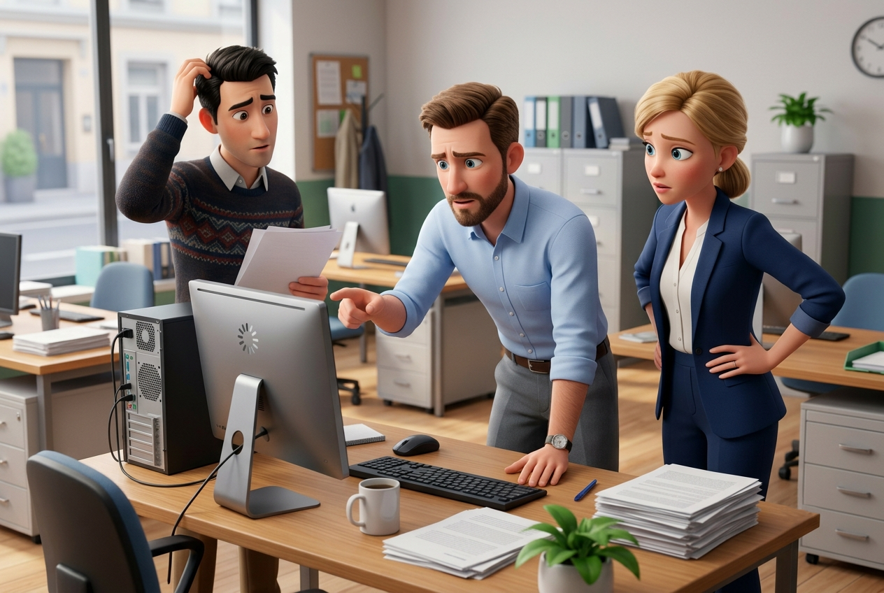 Ufficio aziendale con computer datato che rallenta il lavoro quotidiano