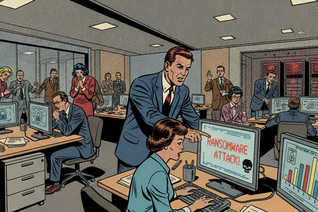 illustrazione cyber di un attacco ransomware che blocca file aziendali