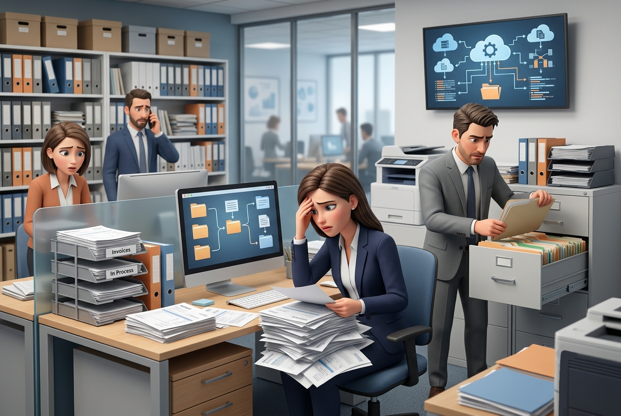 Ufficio amministrativo con fatture digitali disperse tra cartelle, email e computer aziendali