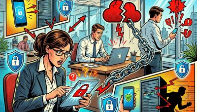 Dipendente con smartphone personale che consulta email aziendali in ufficio con rischio sicurezza