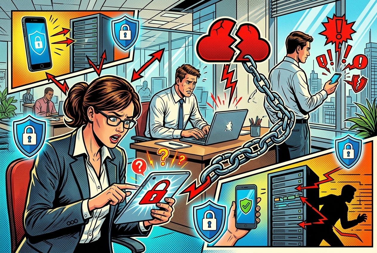 Dipendente con smartphone personale che consulta email aziendali in ufficio con rischio sicurezza