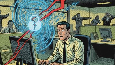 Fumetto vintage di dipendente che usa email personale per documenti aziendali con rischio sicurezza