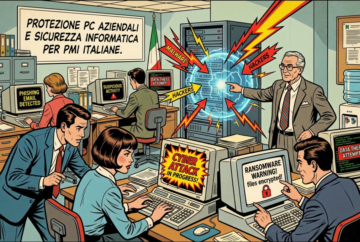 Illustrazione isometrica di documenti aziendali dispersi tra desktop, cartelle condivise e archivio centrale