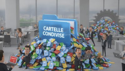Dipendenti che cercano file aziendali tra cartelle duplicate su monitor e archivio condiviso