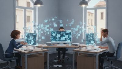 Ufficio aziendale con documenti digitali dispersi tra desktop, cartelle e PC dei dipendenti