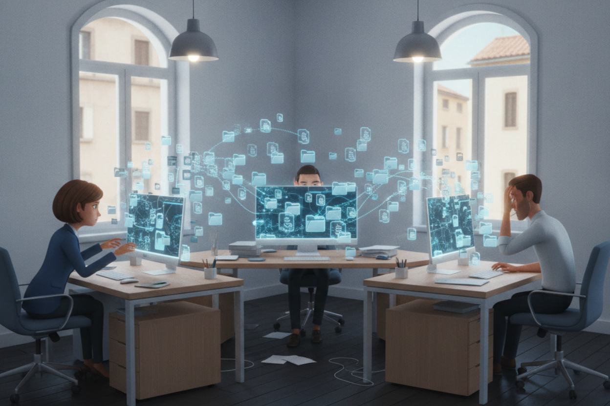 Ufficio aziendale con documenti digitali dispersi tra desktop, cartelle e PC dei dipendenti