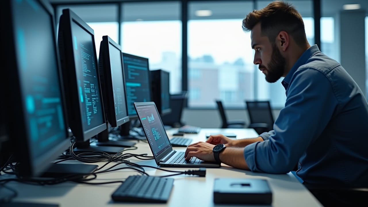 Manutenzione-it-lombardia-controlli-preventivi Tecnico esegue manutenzione informatica preventiva in azienda lombarda