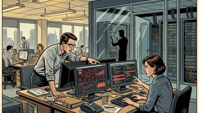 Ufficio aziendale con foglietto password condivise vicino a computer e rischio accessi non controllati
