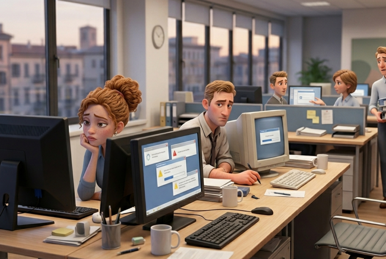 Ufficio aziendale con postazioni PC lente e disordinate che rallentano il lavoro quotidiano