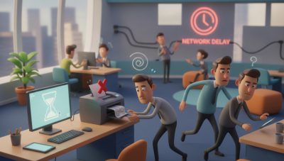 illustrazione 3d corporate di ufficio con piccoli problemi informatici che rallentano il lavoro