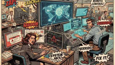 Ufficio aziendale con collegamenti di rete instabili e persone che attendono il caricamento dei documenti