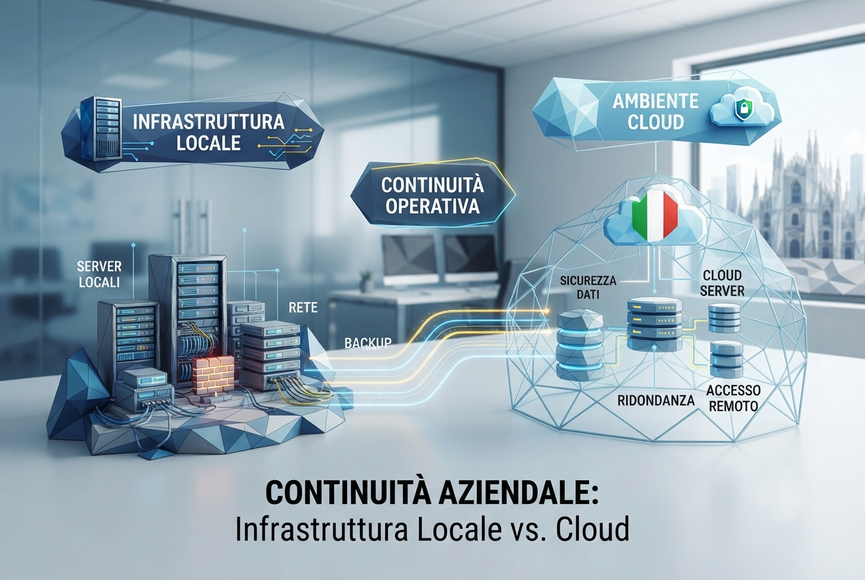 Infrastruttura low poly con server locale e cloud aziendale collegati a postazioni di ufficio