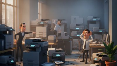 Ufficio aziendale con stampante bloccata e persone in attesa di documenti